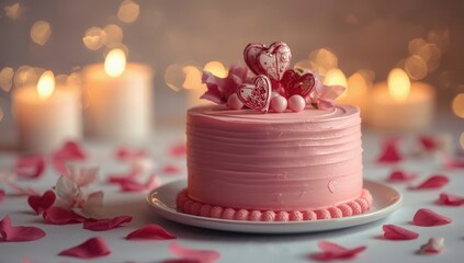 Elegant pink cake topped with hearts and flowers, candles glowing softly in the background