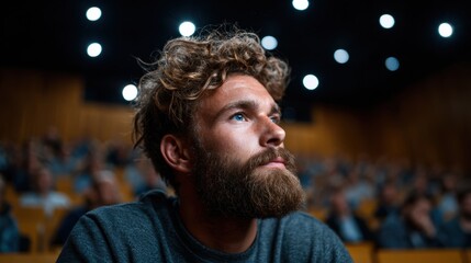 A thoughtful man gazes upward in an auditorium, reflecting on profound ideas as the audience silently engages, illuminated by focused stage lights that create a mesmerizing atmosphere.