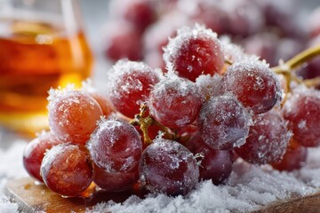 Close-up of ruby grape clusters dusted with frost in a quiet snowy landscape