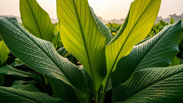 Fresh green turmeric leaves covered in morning dew in the garden