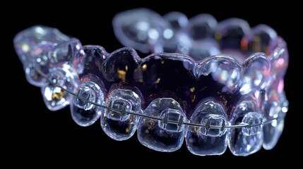 Clear aligners for teeth straightening displayed on black background in studio setting