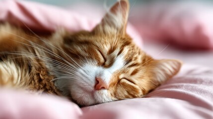 A ginger cat peacefully sleeps on soft bedding, exuding tranquility and warmth, making it an ideal representation of comfort and the joy of companionship in life.