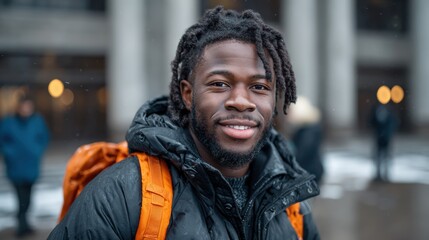 A cheerful young man with dreads in a winter setting wearing a warm jacket, symbolizing comfort, joy, and the experience of nature's beauty in cold weather.