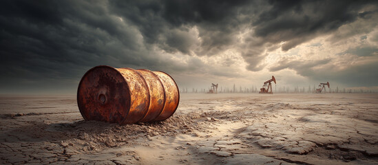 oil barrel with crude pump background in the cracked lanscape