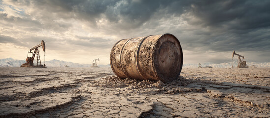 oil barrel with crude pump background in the cracked lanscape
