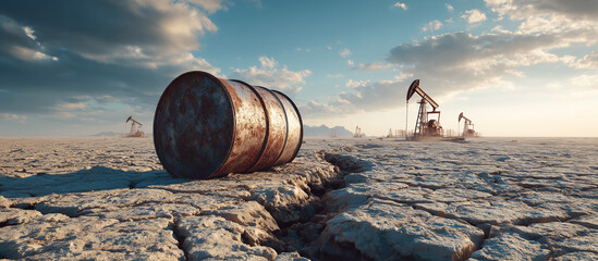oil barrel with crude pump background in the cracked lanscape