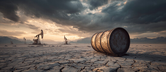 oil barrel with crude pump background in the cracked lanscape