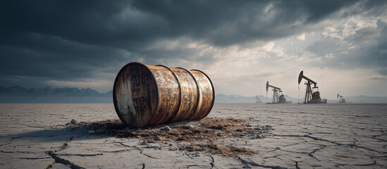 oil barrel with crude pump background in the cracked lanscape