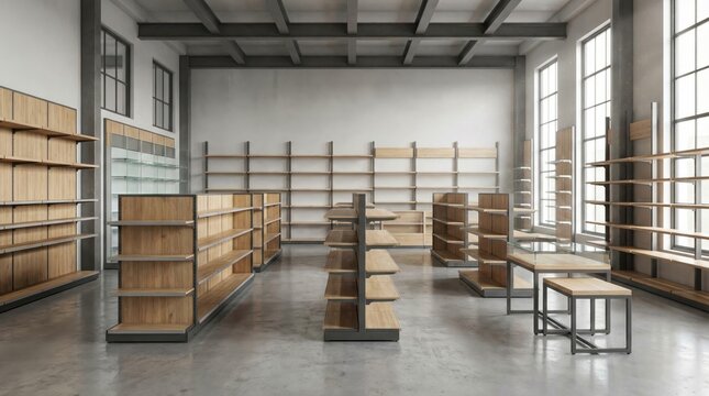 Wooden shelves fill a modern interior space with natural light during a bright daytime