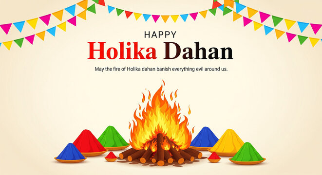 holika dahan with bonfire, plates full of gulal powder and bunting flag decoration celebrating choti holi social media post design
