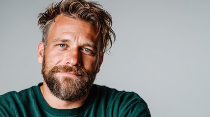 This image features a close-up portrait of a smiling man with wavy hair and a beard, showcasing a warm and approachable expression against a soft, neutral background.
