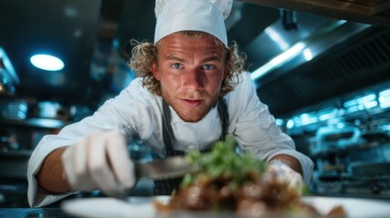 A passionate chef in a professional kitchen carefully presents a beautifully plated gourmet dish, highlighting the artistry and dedication involved in culinary creations and fine dining.