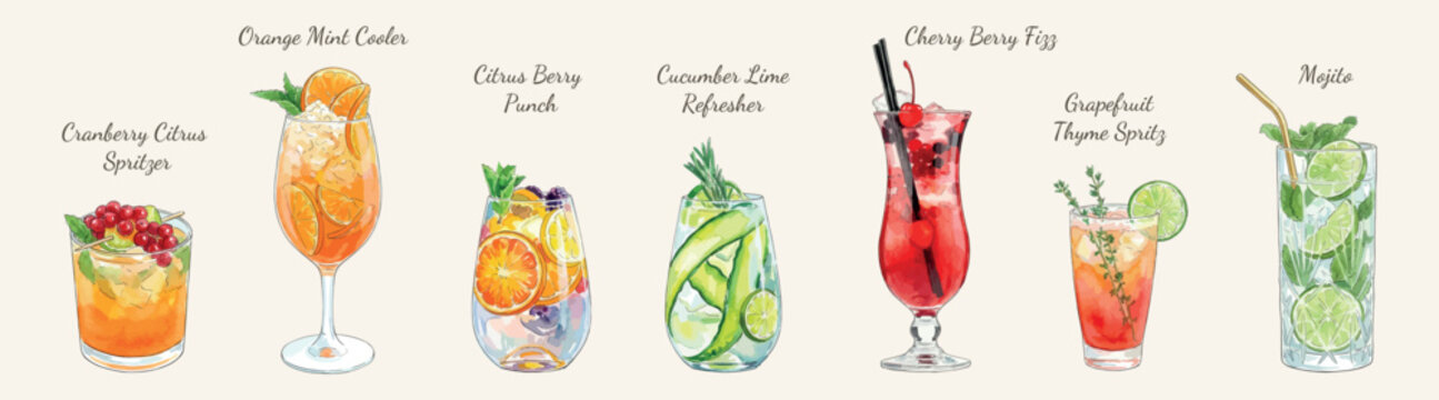 Set of colorful non-alcoholic cocktails and mocktails, vector illustration isolated on light background