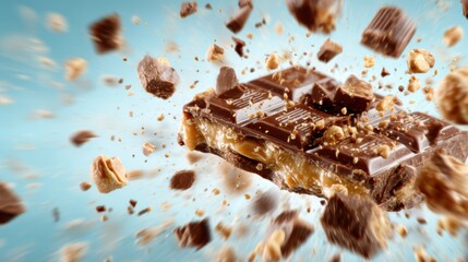 An explosion of chocolate bar pieces bursts outward, revealing a delicious indulgence of caramel and nuts, with a dynamic backdrop portraying motion and excitement.
