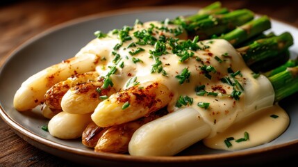 A delectable serving of asparagus topped with creamy sauce and fresh herbs, beautifully plated, showcasing the art of culinary presentation and the joy of gourmet dining.