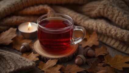 Cozy autumn still life with a cup of tea, candle, acorns, and fallen leaves on wood