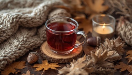 Autumn still life with a cup of tea, candle, acorns, and fallen leaves on wood table