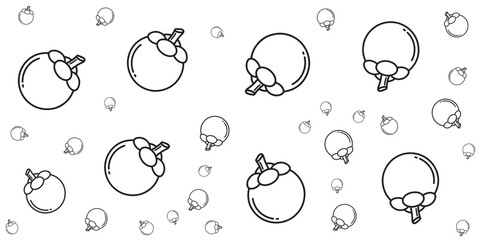 Pattern of fresh mangosteen fruits in a simple line art style on a white background