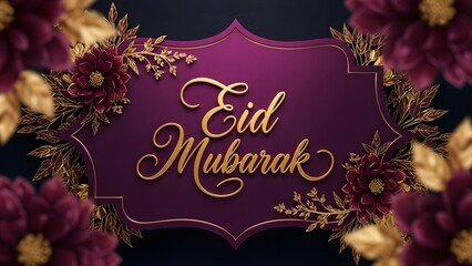 A purple and gold eid mubarak card with floral design elements