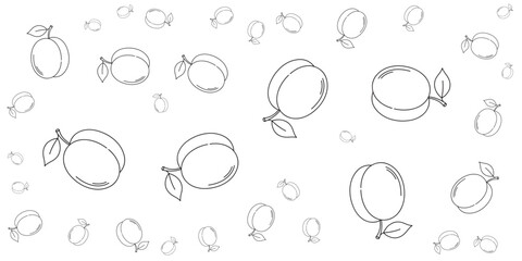 A seamless pattern of hand-drawn apricots and pits on a white background