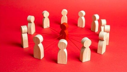 Central Red Leadership Figure and Interconnected Team Network on Red Background for Organizational Unity Concept a central red wooden figure connected to a surrounding circle of natural-colored wooden