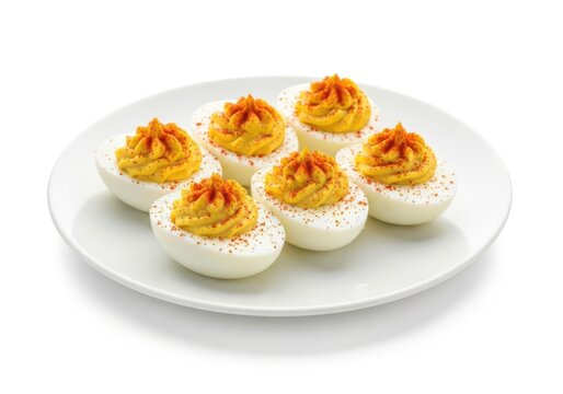 Six delicious deviled eggs arranged on a white plate appetizer isolated on white background