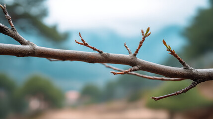 Tree branch with budding leaves in focus, blurred natural background, early spring growth, tranquil outdoor scene