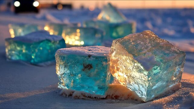Transparent ice blocks illuminated with warm and cool light against the snow