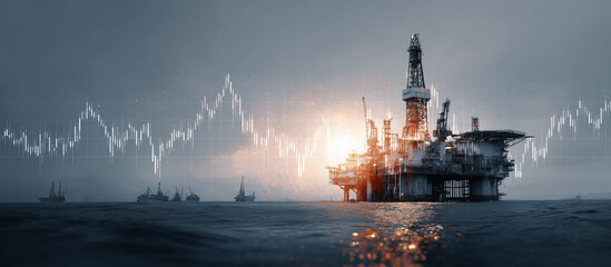 Offshore oil rig at sunset with financial graph overlay