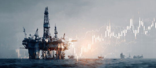 Offshore oil rig at sunset with financial graph overlay