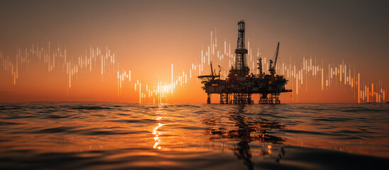 Offshore oil rig at sunset with financial graph overlay