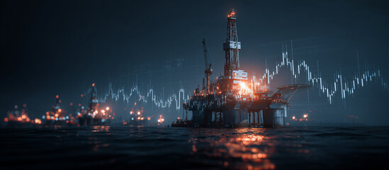 Offshore oil rig at sunset with financial graph overlay