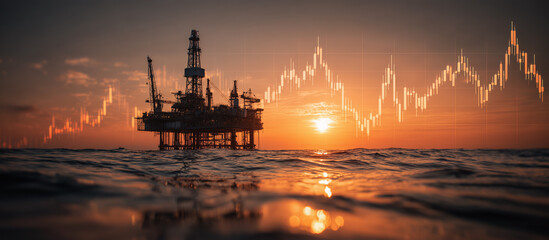 Offshore oil rig at sunset with financial graph overlay