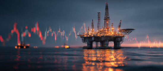 Offshore oil rig at sunset with financial graph overlay