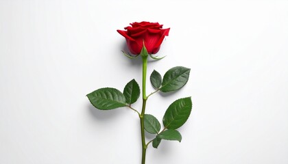 Single Red Rose with Green Stem Isolated on White Background for Romantic Valentine's Day Concept vibrant red rose with a long green stem and leaves