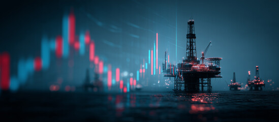 Offshore oil rig at sunset with financial graph overlay