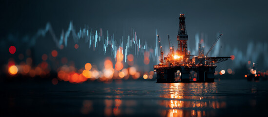 Offshore oil rig at sunset with financial graph overlay