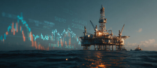Offshore oil rig at sunset with financial graph overlay