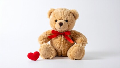 Obraz premium Soft Teddy Bear with Red Bow and Heart for Valentine's Day and Romantic Gifting Concept a classic light-brown teddy bear with a red satin bow, sitting next to a small red plush heart