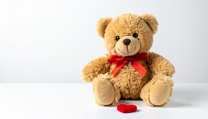 Obraz premium Soft Teddy Bear with Red Bow and Heart for Valentine's Day and Romantic Gifting Concept a classic light-brown teddy bear with a red satin bow, sitting next to a small red plush heart