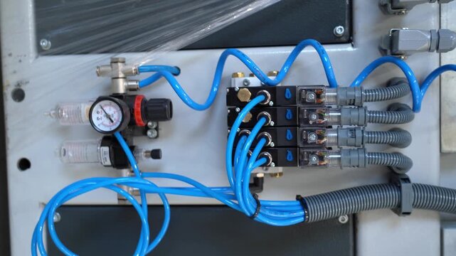 Pneumatic Pressure Regulator with Directional Valves and Blue Hoses Closeup