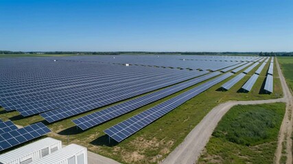 Vast solar energy farm with panels and storage containers under clear blue sky