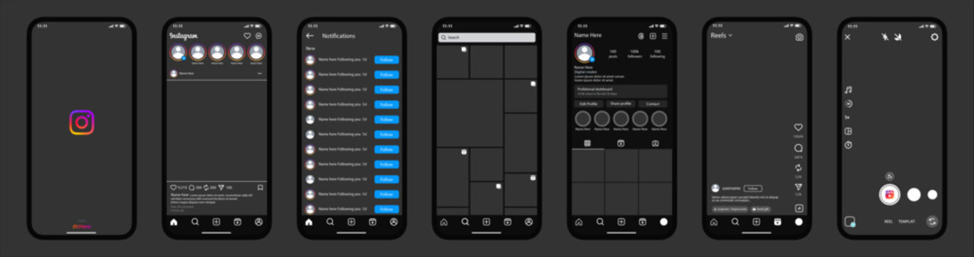 Instagram mockup social media post template. Instagram Home, Post, Reels, profile, live mockup template frame with Phone mock up