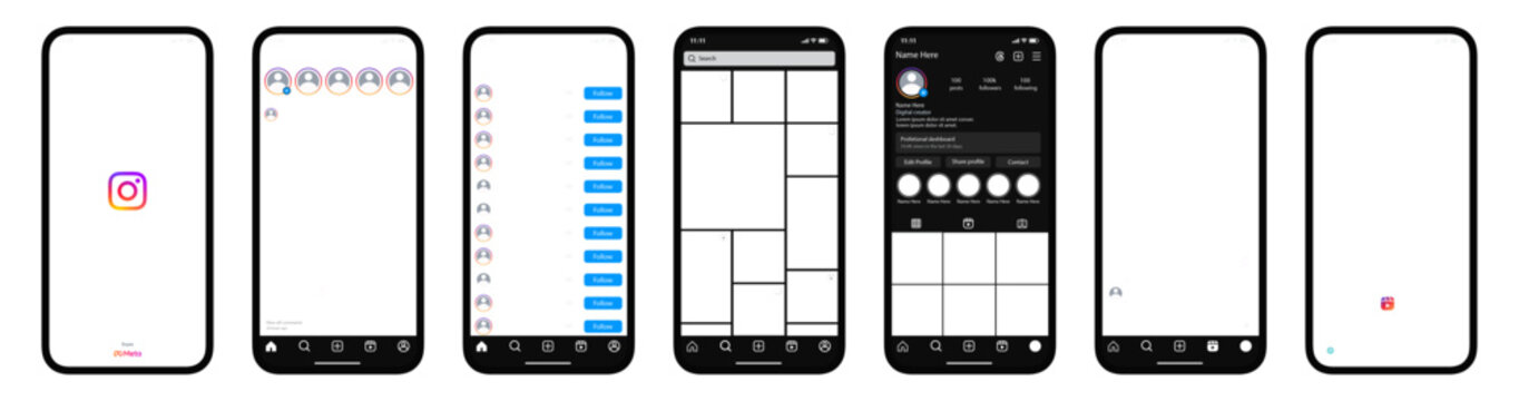 Instagram mockup social media post template. Instagram Home, Post, Reels, profile, live mockup template frame with Phone mock up. Modern mobile social media interface design on Transparent background