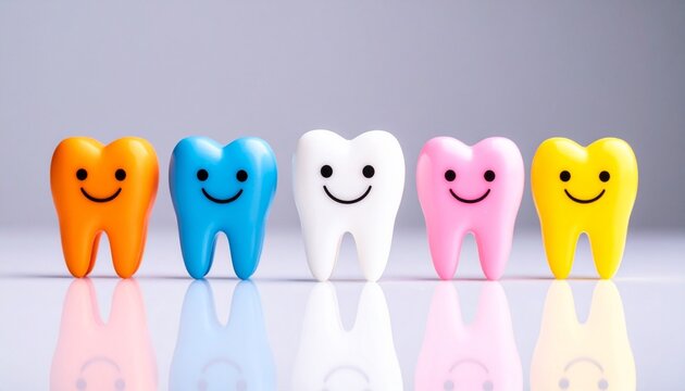Smiling Multi-Colored Toy Teeth for Pediatric Dentistry and Oral Hygiene Education Concept multi-colored toy teeth with smiling faces