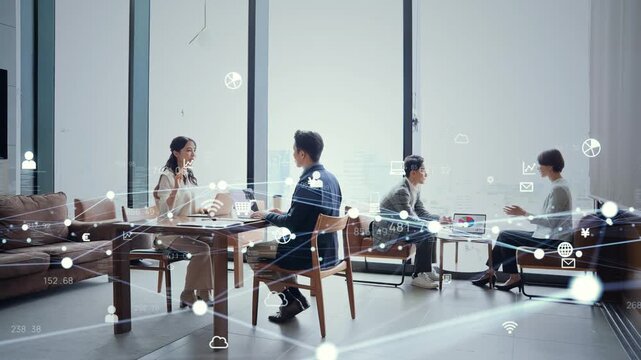 会議するビジネスパーソンのグループと通信ネットワークのコンセプト