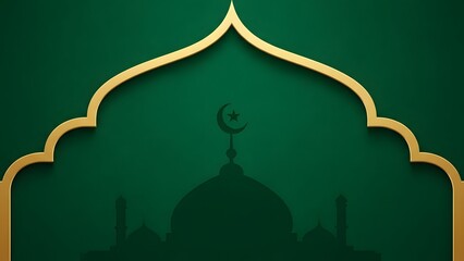 A green and gold mosque silhouette with a crescent moon on top