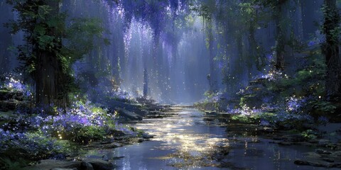 A dreamy forest scene with a stream, lush foliage, and sunbeams