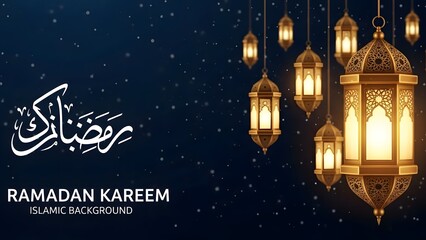 Ramadan kareem islamic background with hanging lanterns and stars on dark blue