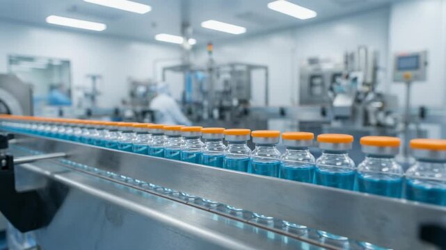 Modern Pharmaceutical Production Line with Bottles of Blue Vaccine in a Clean Room Environment
